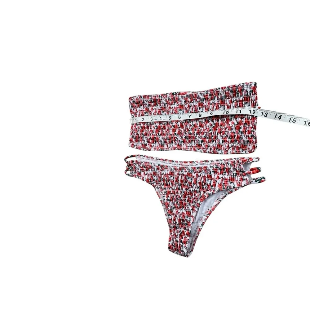 Unbranded Floral Smocked Bikini Set Red White‎ Bandeau Top High Cut S